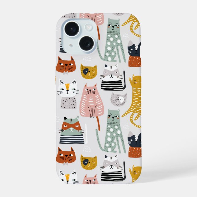 Cute Doodle Hand Drawn Cat Pattern iPhone 15 Case (Back)