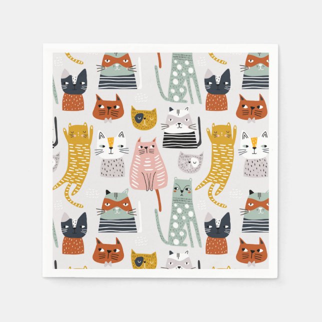 Cute Doodle Hand Drawn Cat Pattern Napkin (Front)