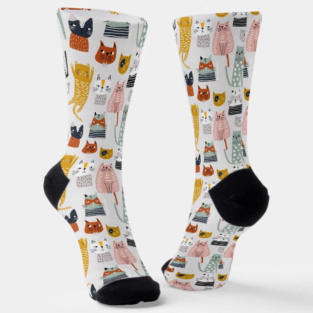 Cute Doodle Hand Drawn Cat Pattern Socks (Angled)