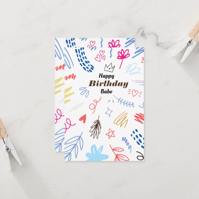 Cute Doodle Happy Birthday Card (Front/Back In Situ)