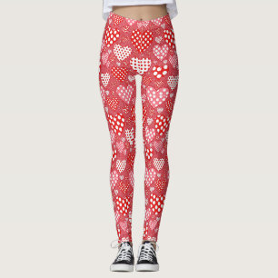 Cute Doodle Heart in Red Black and White Leggings