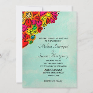 Cute Doodle Hearts and Flowers Wedding Invitation