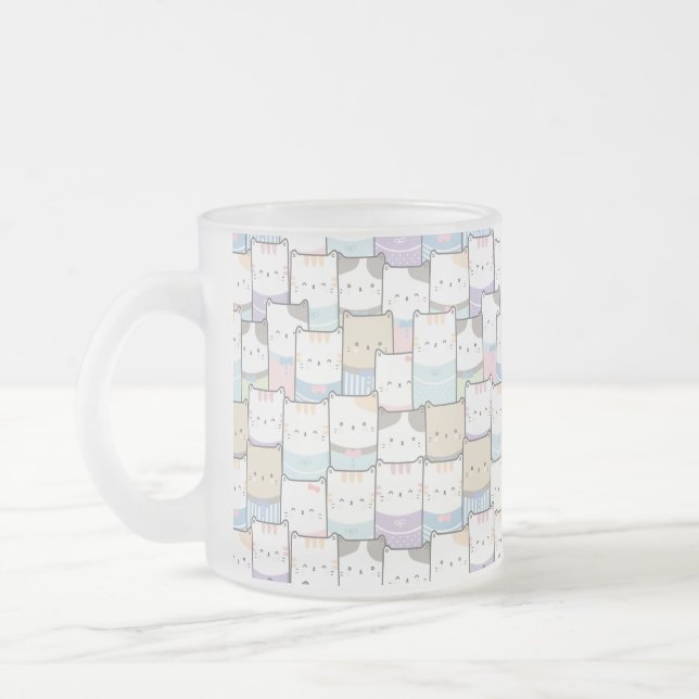 Cute Doodle Kitten Faces Pattern Frosted Glass Coffee Mug (Left)