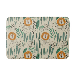 Cute Doodle Lion Jungle Rainforest Pattern Bath Mat