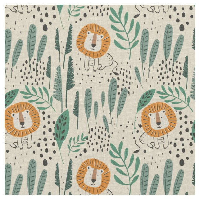 Cute Doodle Lion Jungle Rainforest Pattern Fabric (Close Up)
