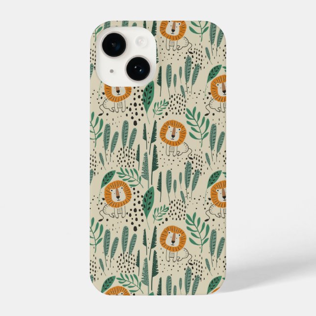 Cute Doodle Lion Jungle Rainforest Pattern iPhone Case (Back)