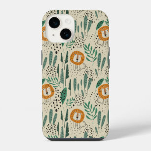 Cute Doodle Lion Jungle Rainforest Pattern iPhone 14 Case
