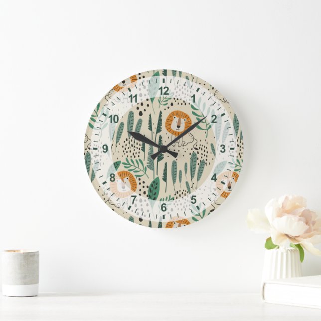 Cute Doodle Lion Jungle Rainforest Pattern Large Clock (Home)