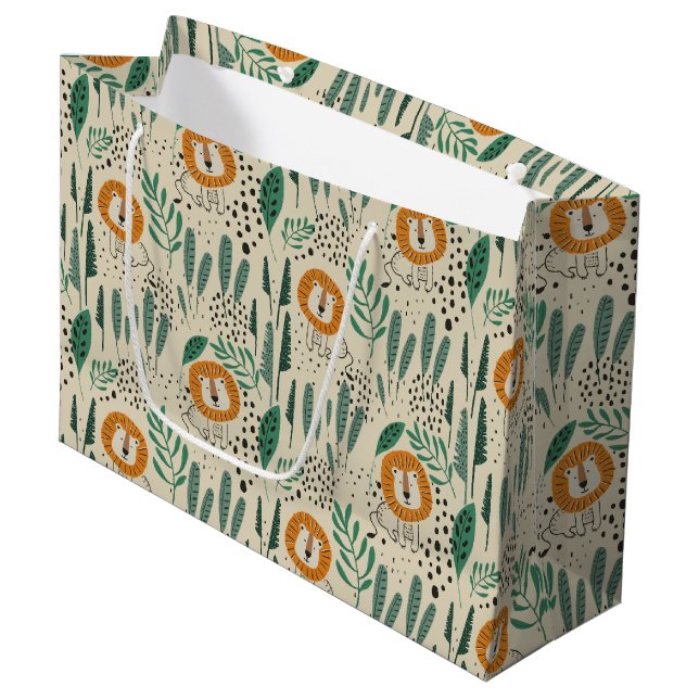 Cute Doodle Lion Jungle Rainforest Pattern Large Gift Bag (Front Angled)