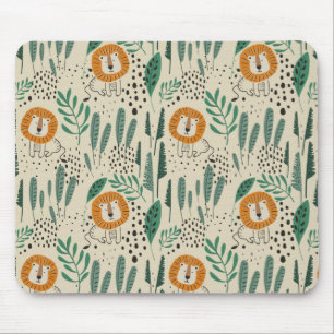 Cute Doodle Lion Jungle Rainforest Pattern Mouse Mat