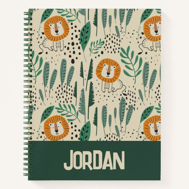 Cute Doodle Lion Jungle Rainforest Pattern Notebook (Front)