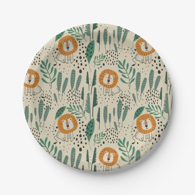 Cute Doodle Lion Jungle Rainforest Pattern Paper Plate (Front)
