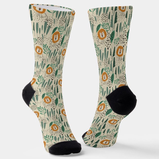 Cute Doodle Lion Jungle Rainforest Pattern Socks (Angled)