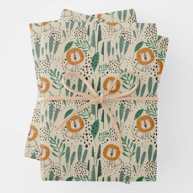 Cute Doodle Lion Jungle Rainforest Pattern Wrapping Paper Sheet (In situ)