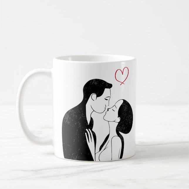 Cute Doodle Love Heart Romantic Couple Kiss Coffee Mug (Left)