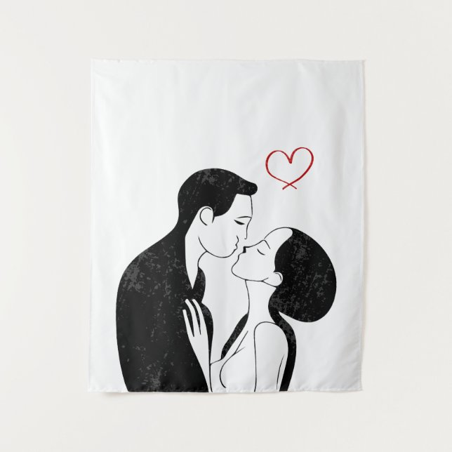 Cute Doodle Love Heart Romantic Couple Kiss Tapestry (Front)
