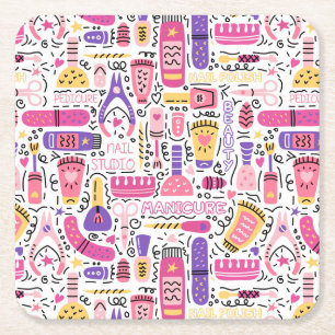 Cute Doodle Manicure Pattern Square Paper Coaster