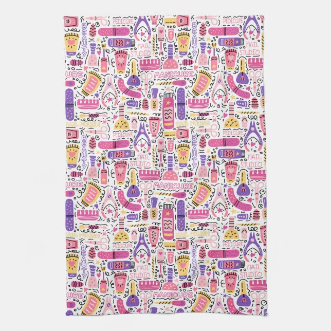 Cute Doodle Manicure Pattern Tea Towel (Vertical)