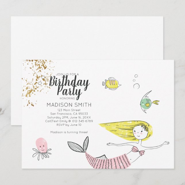 Cute Doodle Mermaid Faux Gold Birthday Invitation (Front/Back)