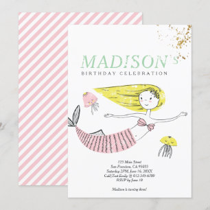 Cute Doodle Mermaid Faux Gold Birthday Invitation