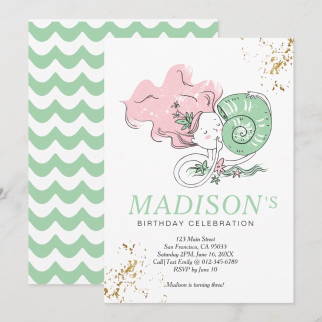Cute Doodle Mermaid Faux Gold Birthday Invitation (Front/Back)