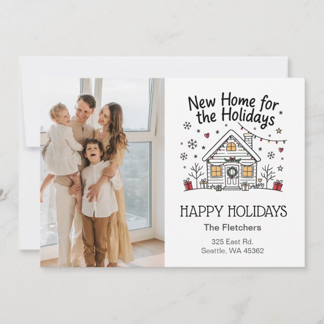 Cute Doodle New Home for The Holidays Moving Photo Holiday Card (Front)