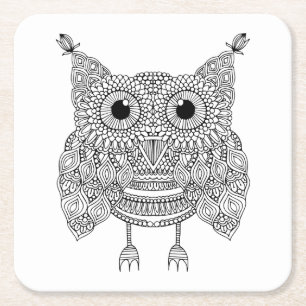 Cute Doodle Owl Square Paper Coaster