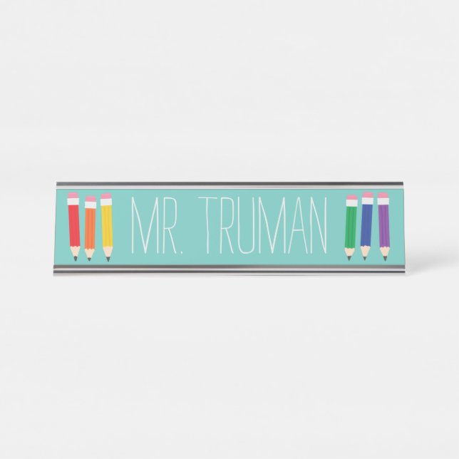 Cute Doodle Pencils Teacher Name Plate (Front)