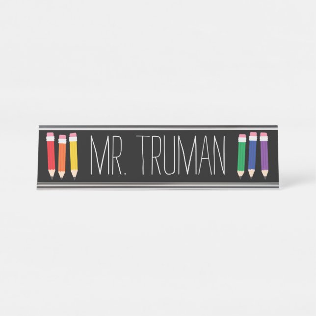 Cute Doodle Pencils Teacher Name Plate (Front)