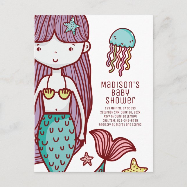 Cute Doodle Pretty Mermaid & Jellyfish Baby Shower Invitation Postcard (Front)