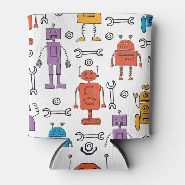 Cute Doodle Robots Cartoon Pattern Can Cooler (Front)