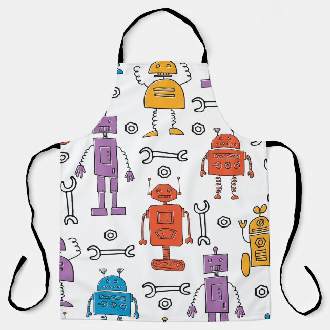 Cute doodle robots. Seamless pattern. Cartoon char Apron (Front)