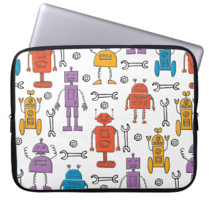 Cute doodle robots. Seamless pattern. Cartoon char Laptop Sleeve
