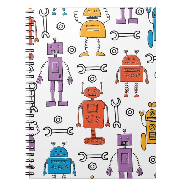 Cute doodle robots. Seamless pattern. Cartoon char Notebook (Front)