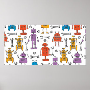 Cute doodle robots. Seamless pattern. Cartoon char Poster