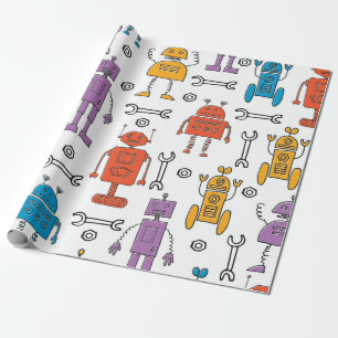 Cute doodle robots. Seamless pattern. Cartoon char Wrapping Paper