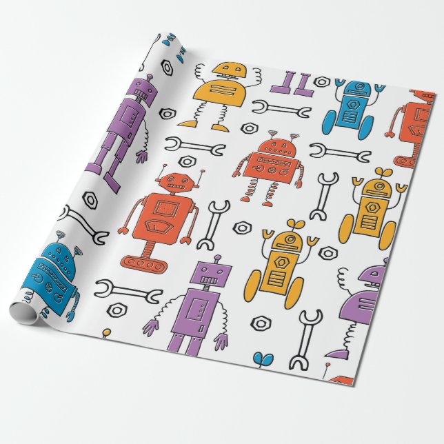 Cute doodle robots. Seamless pattern. Cartoon char Wrapping Paper (Unrolled)