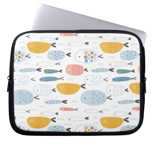 Cute Doodle School of Fish Pattern Laptop Sleeve (Front)