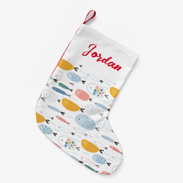 Cute Doodle School of Fish Pattern Small Christmas Stocking (Front (Hanging))