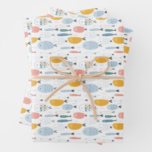 Cute Doodle School of Fish Pattern Wrapping Paper Sheet