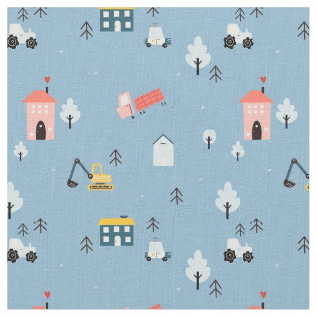 Cute Doodle Town Scene Pattern Fabric (Close Up)