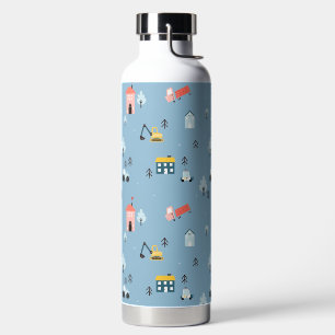 Cute Doodle Town Scene Pattern Water Bottle