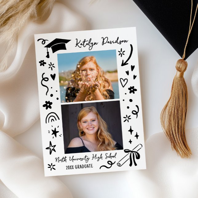 Cute Doodle Two Photo Graduation Announcement (Creator Uploaded)