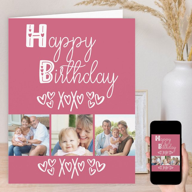 Cute Doodle Typography Pink 3 Photo Birthday Card (Creator Uploaded)