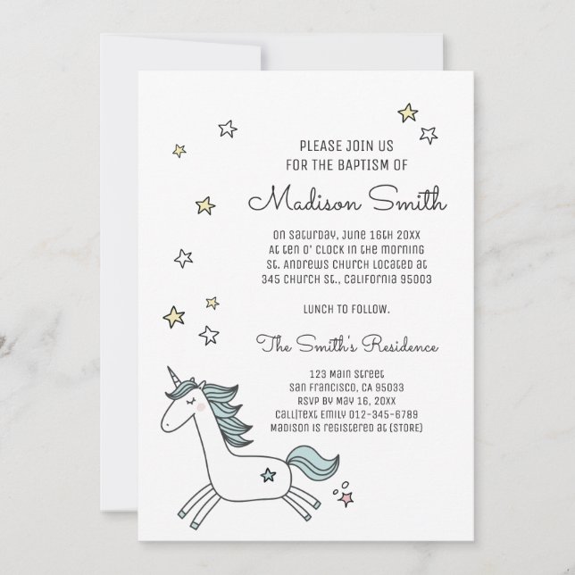 Cute Doodle Unicorn and Stars Baptism Invitation (Front)