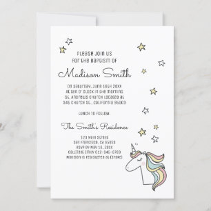 Cute Doodle Unicorn and Stars Baptism Invitation
