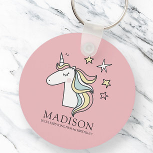 Cute Doodle Unicorn and Stars Birthday Key Ring