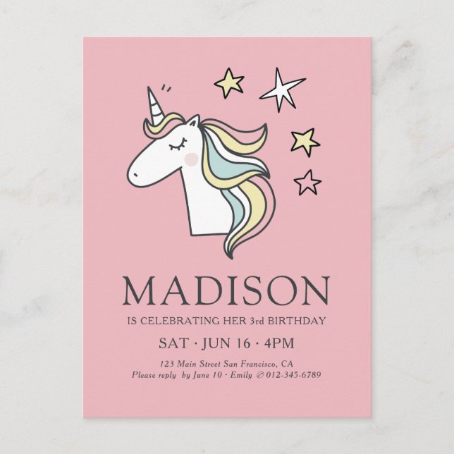 Cute Doodle Unicorn and Stars Birthday Postcard (Front)