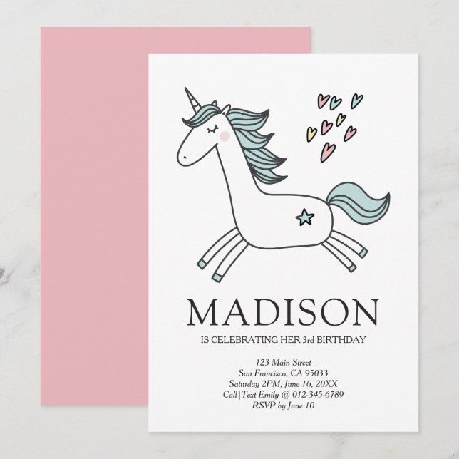 Cute Doodle Unicorn Hearts Birthday Invitation (Front/Back)