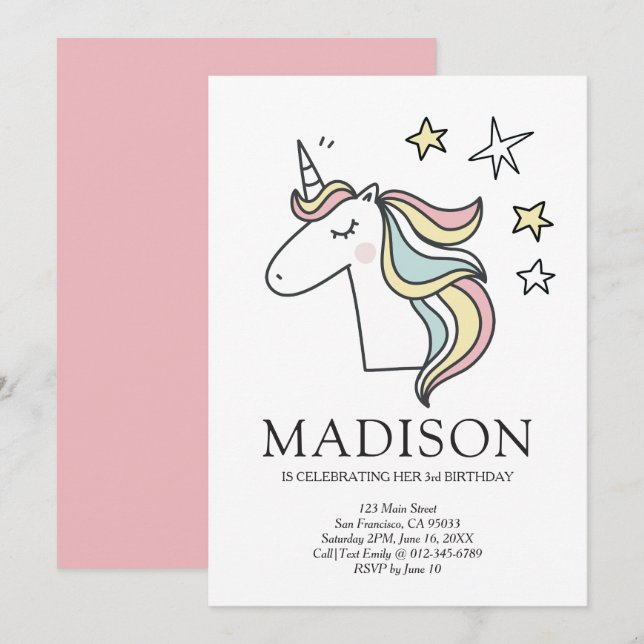 Cute Doodle Unicorn Stars Birthday Invitation (Front/Back)